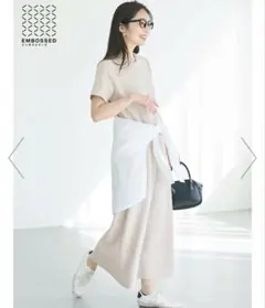 エンボスシリーズ 半袖カットソーワンピース ベージュ L