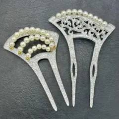 2点セットN 簪 かんざし 髪飾り バチ型 和装小物 結婚式 着物 銀色 パール
