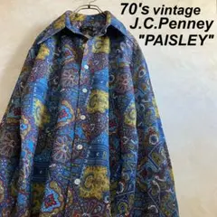 美品 70's J.C.Penney ペイズリー柄ポリシャツ 青 L