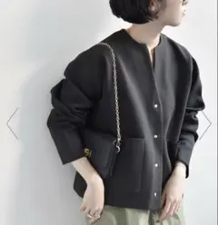 quaranciel:<手洗い可能>ノーカラー ポケット ニット ジャケット