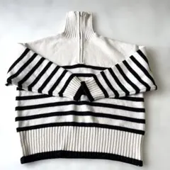 美品【moment+】ハーフジップボーダーニット:ホワイトブラック:L
