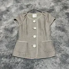 【ミューゼドウジ】フレンチスリーブノーカラージャケット ベージュ 花柄M【美品】