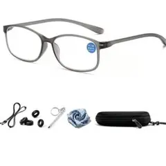 老眼鏡 グレー +1.0 ウェリントンフレーム老眼鏡 メガネ ブルーライトカット