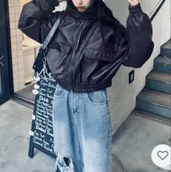 nemne フェイクレザー ブルゾン ブラック ショート丈