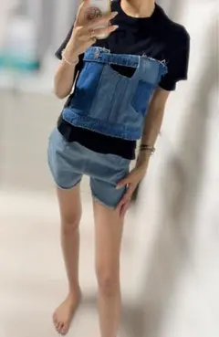 デニムパッチワーク 黒 Tシャツ M