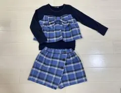 ベベ　リボン付き　長袖カットソー とキュロット　ネイビー チェック