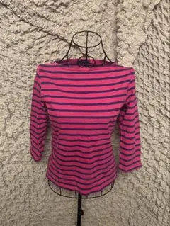 y2k ピンクと紫のストライプ 五分袖トップス