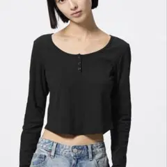 GU コットンブレンドリブクロップドヘンリーT 長袖 ブラック 黒 L