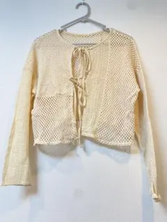 【LOWRYS FARM】アイボリー メッシュ クロップドカーディガン