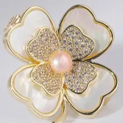 淡水真珠貝殻ミニブローチ綺麗なジルコン四つ葉花コサージュ結婚式卒業式入学式面接用