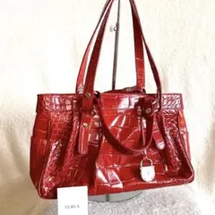 極美品 フルラ ショルダーバッグ ハンドバッグ 赤 レッド クロコ型押 レザー