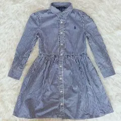 【美品】ポロラルフローレン ストライプシャツワンピ 長袖 ネイビー 110