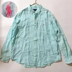 XXL✨️リネン100 ラルフローレン ブルーストライプシャツ ピンクポニー刺繍