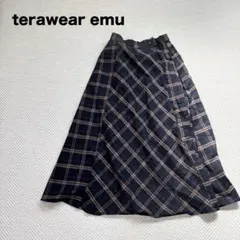 ⓪ terawear emu フレア ロングスカート チェック柄 レトロ 紺 M