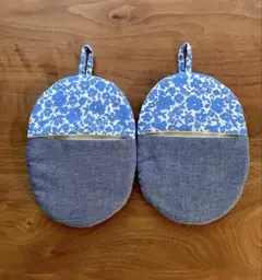 鍋つかみ　ハンドメイド　Ｃ＆Ｓ faily flower(ブルー)×ダンガリー