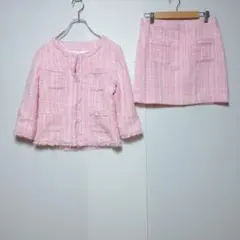 エミリアウィズ ツイードセットアップ ピンク ノーカラー ミニスカート可愛い