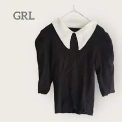 グレイル　【L】 襟付きリブニットカットソー　五分袖　黒　白襟　パフスリーブ