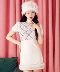 Darich ダーリッチ チェックファーニットミニワンピース