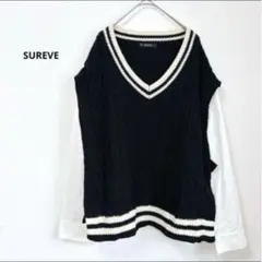 SUREVE ドッキング素材　ケーブルニット　Ｖネックシャツ　綿混　リボン