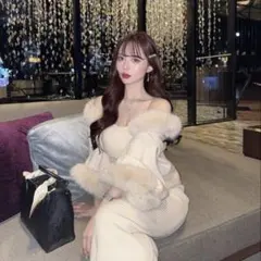 【即日発送】elmyuファーポンチョカーデ×チェーンワンピsetパーティードレス