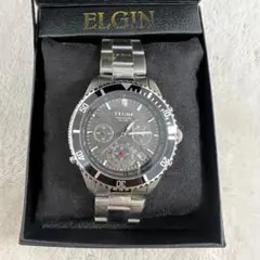 ELGIN エルジン　クロノグラフ WR 100M ブラック　カレンダー　箱付きのサムネイル