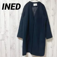 【イネド】チェスターコート　ネイビー　ウール混　ノーカラーコート　S