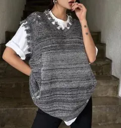 オーバーサイズニットベスト フリンジ付き グレー系