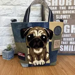 ハンドメイドバックデニムリメイクパッチワークトートバック2way⭐︎パグちゃん