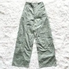 イームス　パンツ　ワイド　オリーブグリーン ボタン付き　ウエストゴム　FREE