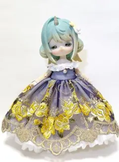 ハンドメイド　オフショルダードレス　ネイビー×黄①アンティーユ萌獣魔法　呦呦鹿鳴