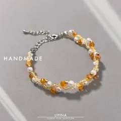 FA001＊ハンドメイド ビーズブレスレット＊パール オレンジ系 21cm