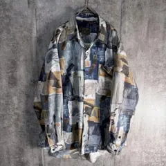 90s アート総柄シャツ M オーバーサイズ 抽象柄 レトロ 長袖 古着