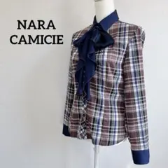 ☆ボウタイ付き☆ナラカミーチェ ブラウス チェック 立体的 ブラウン Lのサムネイル