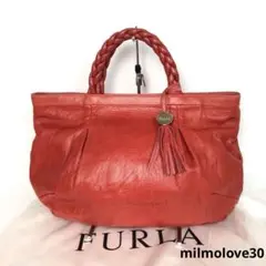 FURLA フルラ ハンドバッグ レッド 編み込み ハンドル タッセル チャーム