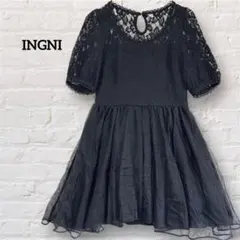 イング レース切替シフォンチュニック ミニワンピース M ブラック 半袖のサムネイル