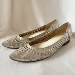 美品★LE TALONメッシュフラットパンプス　シルバー23cm