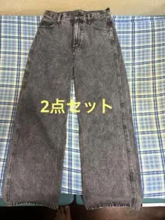 【2点セット】ダメージ加工 グレー ワイドレッグジーンズ