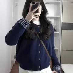春カーディガン ネイビー チェック 韓国