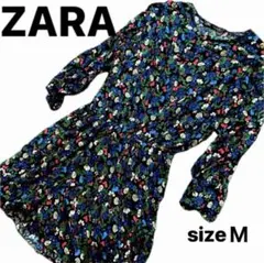 フェア✨ZARA ザラ花柄 七分袖ワンピース ブラック サイズM