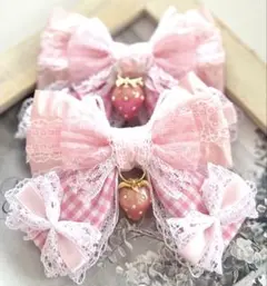 ゆめかわヘアリボンピン　フリルさくらピンク×チェック