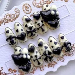 ネイルチップ 量産型 地雷 サブカル 天使界隈 黄色 黒 猫 ハート クロム