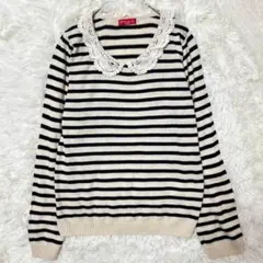 アースミュージック&エコロジー レース襟ニット ボーダー アイボリー M 上品