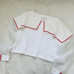FUTATSUKUKURI セーラー縛りブラウス シースルー袖 赤ライン 幽子
