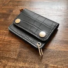 牛革 トラッカーウォレット ミニ 黒 クロコ型押し