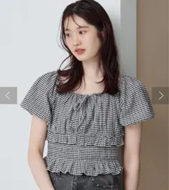 kastane ギンガムパフトップス ブラック