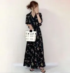 花柄ロングワンピース マキシ丈 シャツ 半袖 フェミニン 黒 韓国 ファッション