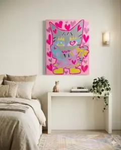 サバトラ猫さんラブリーお魚　F3 絵画　イラスト　猫の絵　猫　アート　インテリア