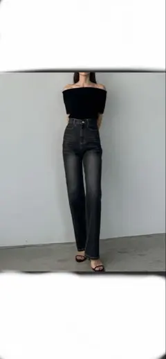 ハイウエストストレートデニム　ブラック / X-LARGE