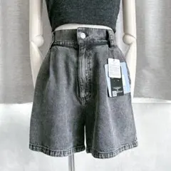 新品 柔らか ハイウエスト ブラック ウォッシュ デニムショートパンツ デニム