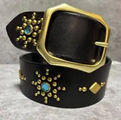 ブラックレザーベルト 金色スタッズ 青いストーン